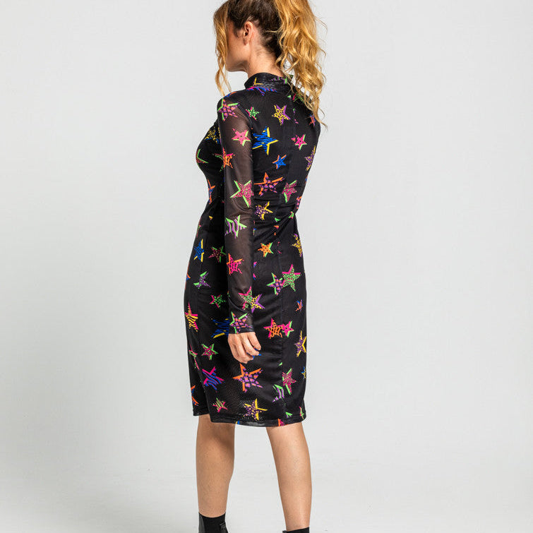 Vestido Tubo De Tul Cuello Chimenea De Estampado De Estrellas Con Animal Print - Shiny Girl