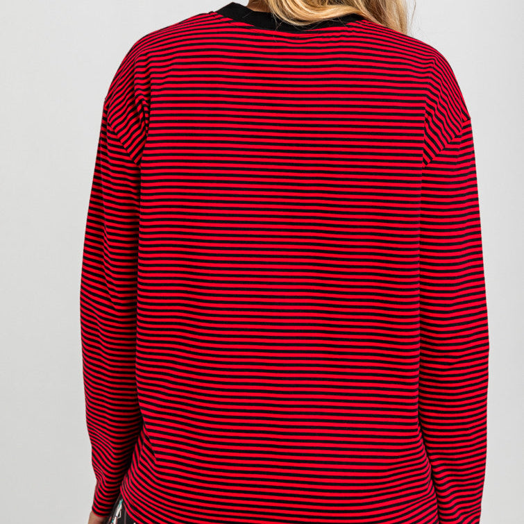 Camiseta Oversize De Raya Roja Y Negra Con Rayo Y Ojo - Let's Dance