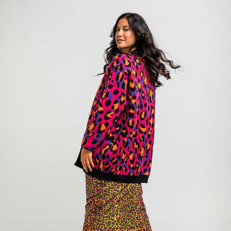 Cárdigan Large De Estampado Animal Fuscia - I'm Felina