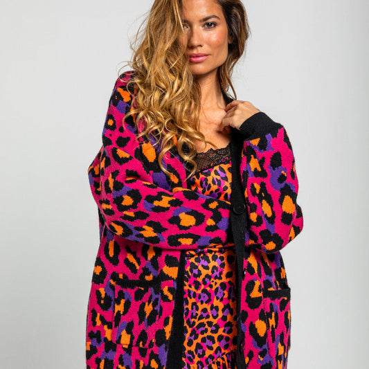 Cárdigan Large De Estampado Animal Fuscia - I'm Felina