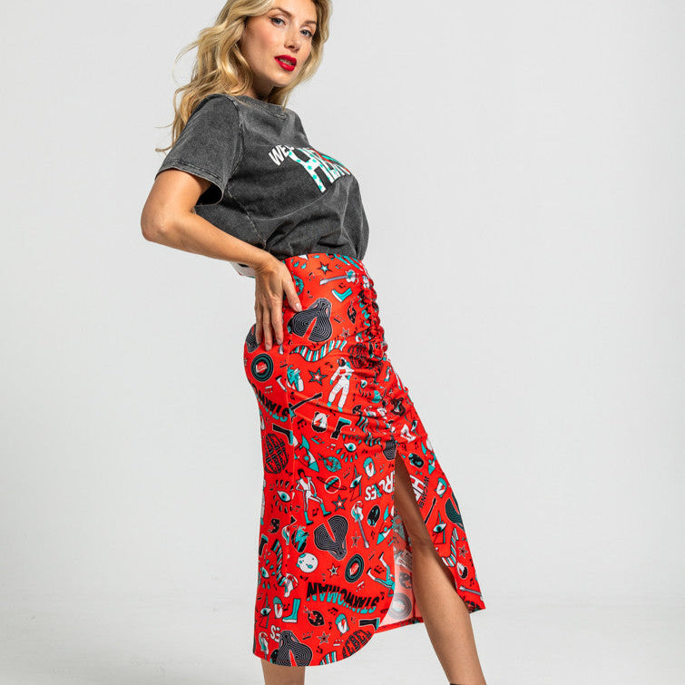 Falda Midi Drapeado Central Rojo De Estampado Bowie - We Can Be Heroes