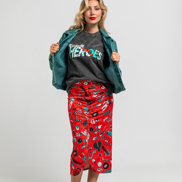 Falda Midi Drapeado Central Rojo De Estampado Bowie - We Can Be Heroes