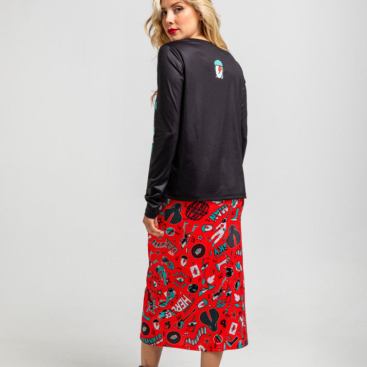 Falda Midi Drapeado Central Rojo De Estampado Bowie - We Can Be Heroes