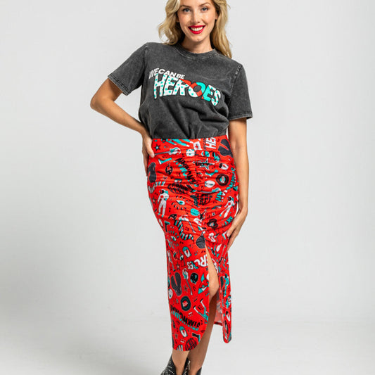 Falda Midi Drapeado Central Rojo De Estampado Bowie - We Can Be Heroes