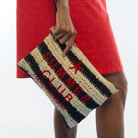 CARTERA EFECTO RAFIA A RAYAS CON BORDADO