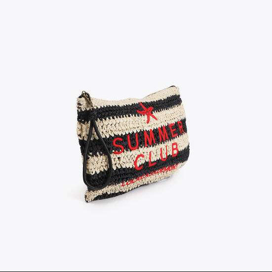 CARTERA EFECTO RAFIA A RAYAS CON BORDADO