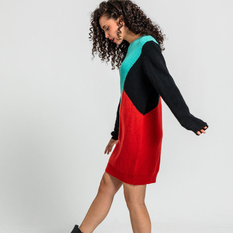 Vestido Tejido Tricolor Rojo, Negro Y Turquesa - We Can Be Heroes