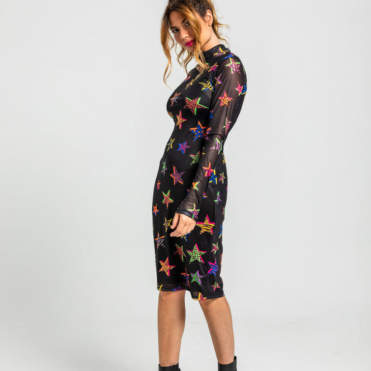 Vestido Tubo De Tul Cuello Chimenea De Estampado De Estrellas Con Animal Print - Shiny Girl