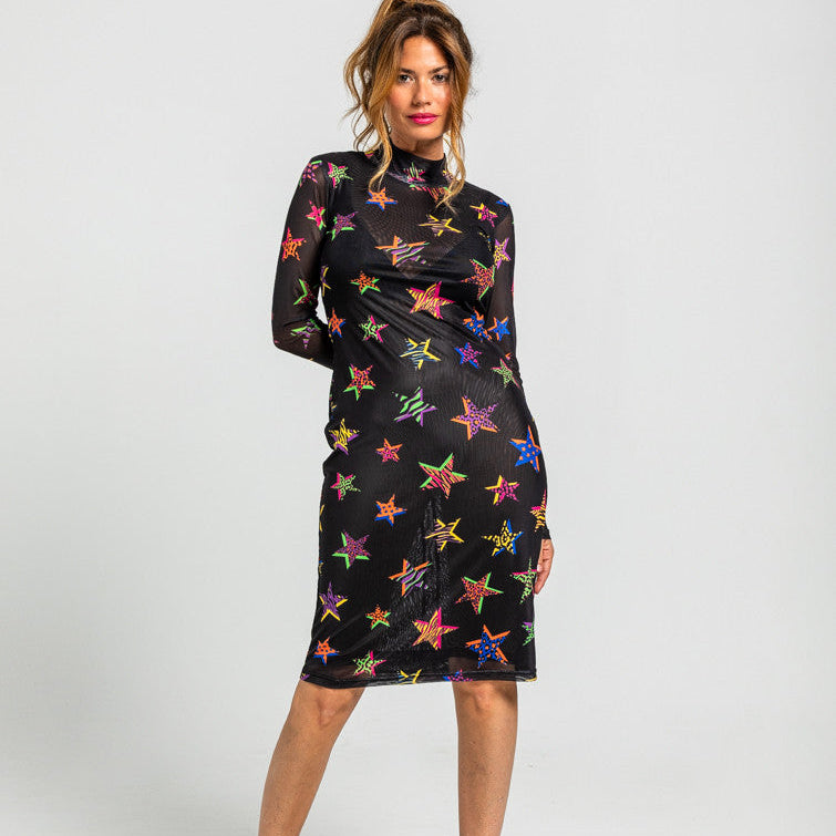 Vestido Tubo De Tul Cuello Chimenea De Estampado De Estrellas Con Animal Print - Shiny Girl