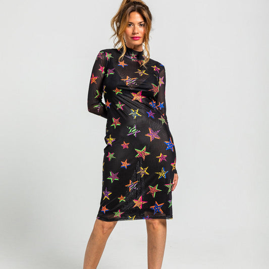 Vestido Tubo De Tul Cuello Chimenea De Estampado De Estrellas Con Animal Print - Shiny Girl